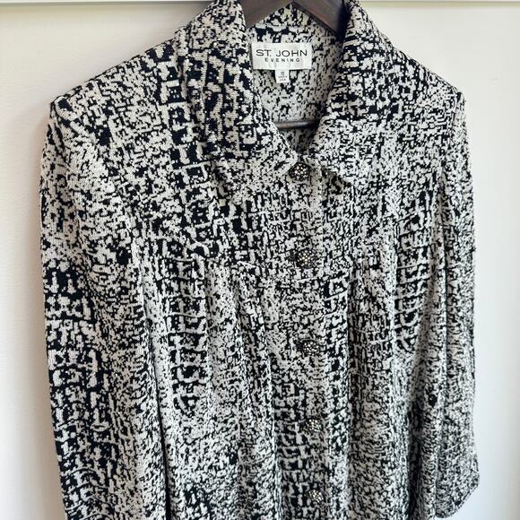 St. John Evening Sz 12 Knit Cardigan Sweater Long Jacket Black White Rhinestones - Picture 4 of 9